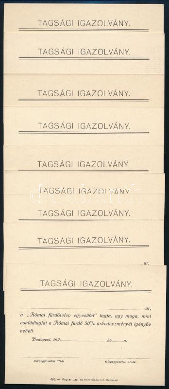 cca 1920 9 db Római fürdőtelep egyesület tagsági igazolvány, kitöltetlen, jó állapotban, 9x12 cm