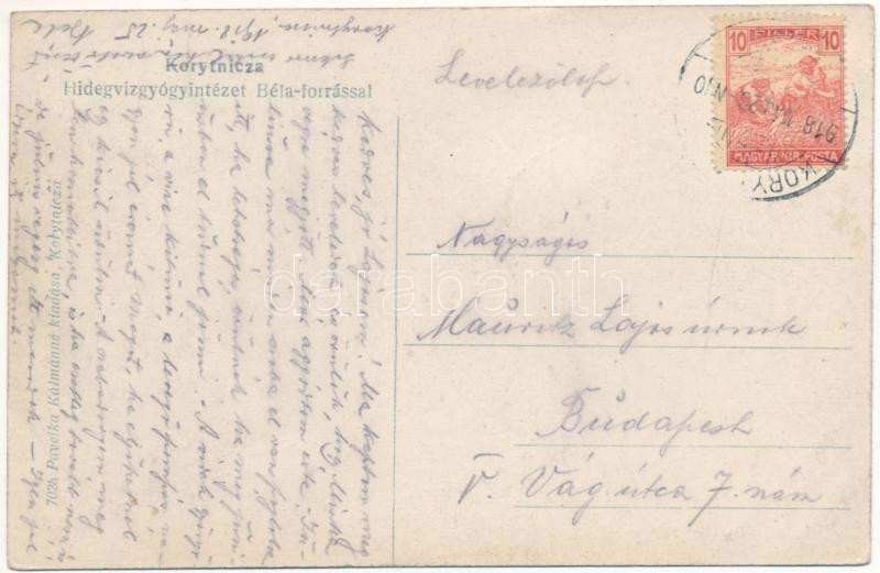 1918 Koritnyica, Korytnica; Hidegvízgyógyintézet Béla-forrással. Pavelka Kálmánné kiadása / spa, bath, spring source (EK) - Image 2