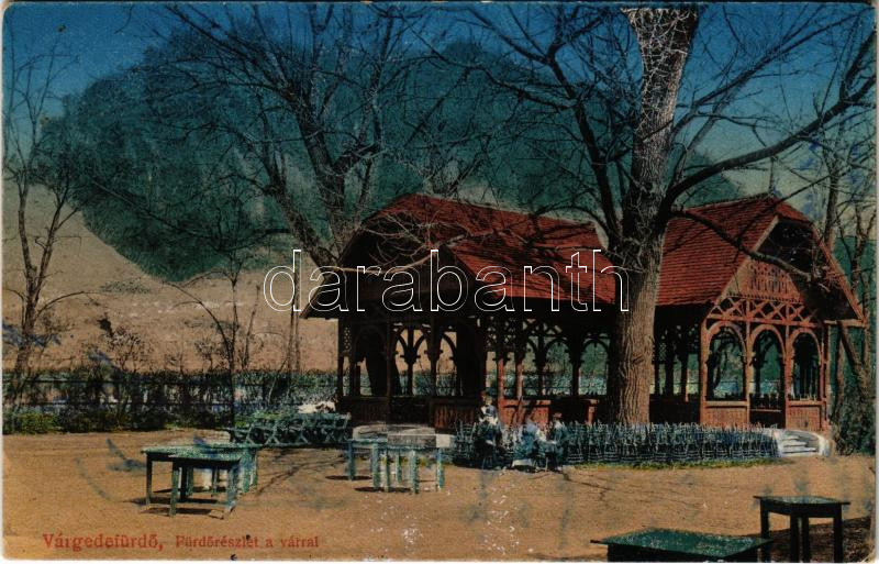 1923 Várgede, Várgedefürdő, Kúpele Hodejov, Hodejov; Fürdő részlet a várral. Schlesinger Dávid kiadása / spa, bath, castle ruins (fl)