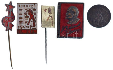 5db klf szocialista jelvény, közte 'Toborzó 1947 IV. kerület' zománcozott bronz jelvény, 'Lenin' zománcozott bronz jelvény (23x17mm) T:2,2-