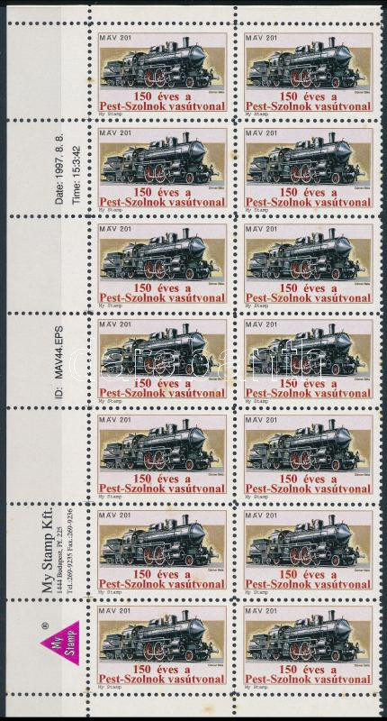 1997 150 éves a Pest-Szolnok vasútvonal levélzáró ívsarki 14-es tömb