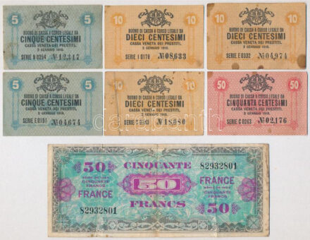 Olaszország / Velence / Osztrák-magyar megszállás 1918. 5c (2x) + 10c (3x) + 50c + Franciaország 1944. 50Fr T:III Italy / Venice / Austro-Hungarian occupation 1918. 5 Centesimi (2x) + 10 Centesimi (3x) + 50 Centesimi + France 1944. 50 Francs