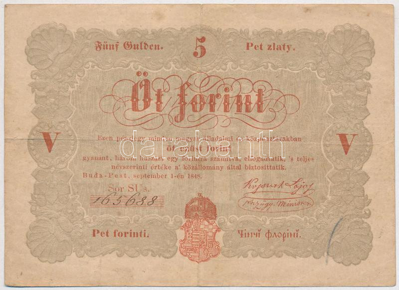1848. 5Ft vörösesbarna nyomat 'SU s. 165688' T:III kis beszakadás Adamo G109