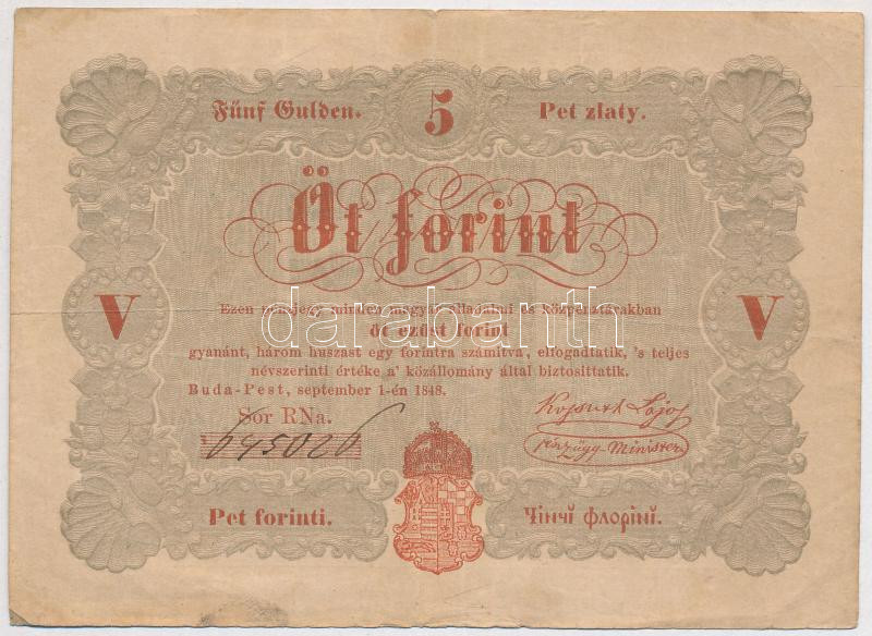 1848. 5Ft 'Kossuth bankó' vörösesbarna nyomat 'RN a. 645026' T:III kis beszakadás Adamo G109