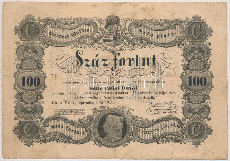 1848. 100Ft 'Kossuth bankó' 'ÜR 20440' T:III,III- ly., beszakadások, fo. Hungary 1848. 100Ft 'Kossuth banknote' C:F,VG hole, tears, spotted Adamo G114