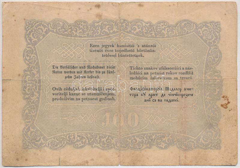1848. 100Ft 'Kossuth bankó' 'ÜR 20440' T:III,III- ly., beszakadások, fo. Hungary 1848. 100Ft 'Kossuth banknote' C:F,VG hole, tears, spotted Adamo G114 - Image 2