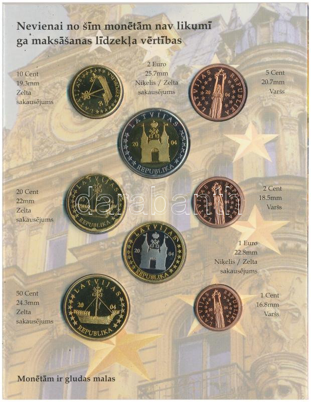 Lettország 2004. 1c-2E (8xklf) 'Euro próbaveretek' szettben T:BU Latvia 2004. 1 Cent - 2 Euro (8xdiff) 'Euro trial set' C:BU - Image 3