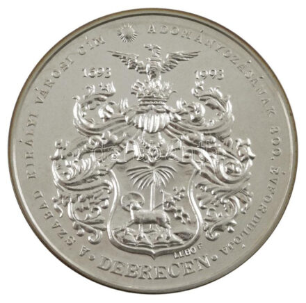 Lebó Ferenc (1960-) 1993. 'Debrecen - A szabad királyi városi cím adományozásának 300. évfordulója / Lipót tallér' jelzett Ag emlékérem díszdobozban, tanúsítvánnyal (31,1g/0.925/42,5mm) T:PP ujjlenyomat