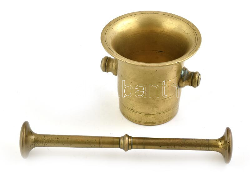 Réz mozsár, nagy törővel, m: 12, d: 13,5 cm, h: 28 cm