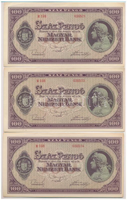 1945. 100P (2x) sorszámkövetők 'E 198 036523 - E 198 036524' + 100P 'E 198 036521' T:II,II- Adamo P18