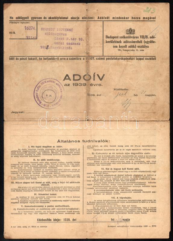 1939-1941 Adóív 3 egymást követő évre, egy névre