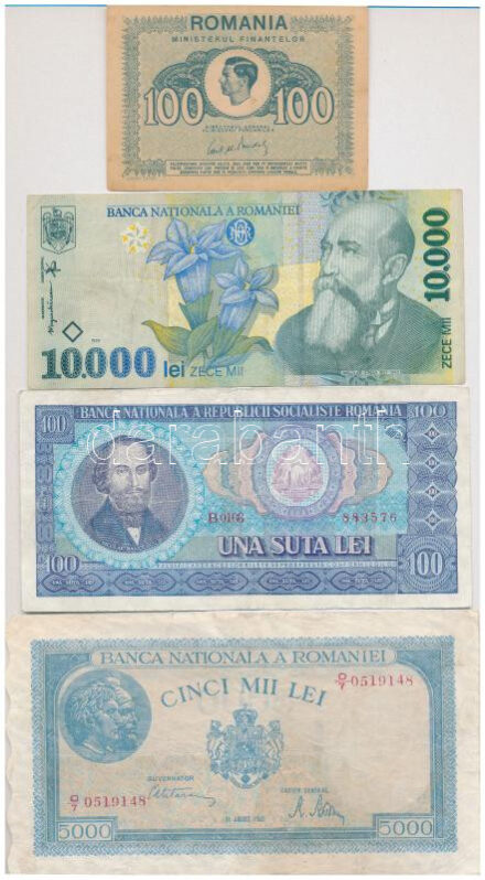 Románia 1945. 100L + 5000L + 1966. 100L + 1999. 10.000L T:III kis anyaghiány, szakadás Romania 1945. 100 Lei + 5000 Lei + 1966. 100 Lei + 1999. 10.000 Lei C:F small material error, tear