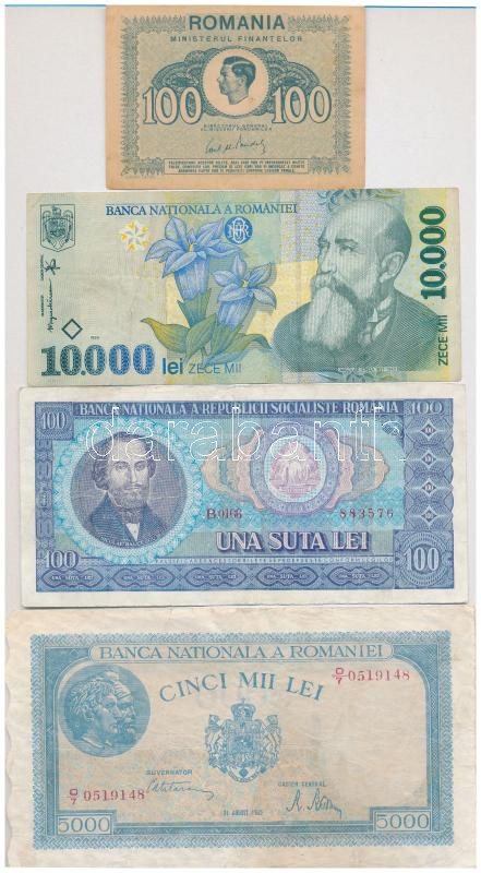 Románia 1945. 100L + 5000L + 1966. 100L + 1999. 10.000L T:III kis anyaghiány, szakadás Romania 1945. 100 Lei + 5000 Lei + 1966. 100 Lei + 1999. 10.000 Lei C:F small material error, tear