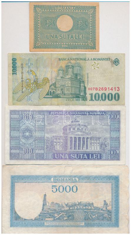 Románia 1945. 100L + 5000L + 1966. 100L + 1999. 10.000L T:III kis anyaghiány, szakadás Romania 1945. 100 Lei + 5000 Lei + 1966. 100 Lei + 1999. 10.000 Lei C:F small material error, tear - Image 2