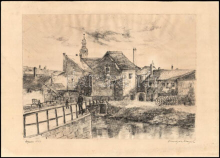 Olvashatatlan jelzéssel: Soproni részlet, háttérben a tűztoronnyal, 1977. Toll, papír. 24x33 cm