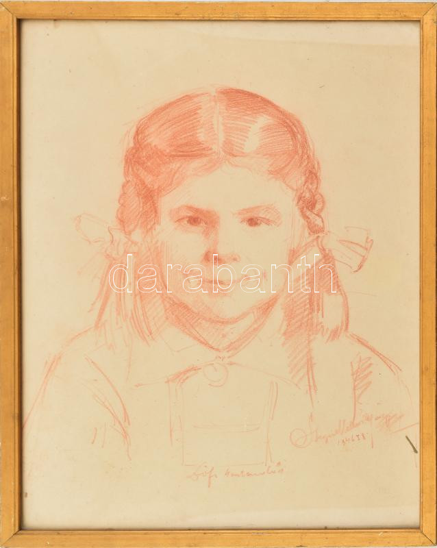Szegedi Molnár Géza (1906-1970): Zsófi copfokkal. Vöröskréta, papír, jelzett, üvegezett fakeretben, 44x34