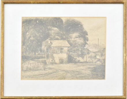 Boross Géza (1908-1971): Utcarészlet. Ceruza, papír, jelezve balra lent, üvegezett fakeretben, 20×27 cm.