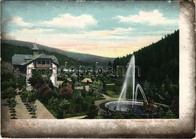 Iglófüred, Spisská Nová Ves Kupele, Novovesské Kúpele; nyaraló szálloda, szökőkút. Wlaszlovits G. kiadása / spa, villa, hotel, fountain (vágott / cut)