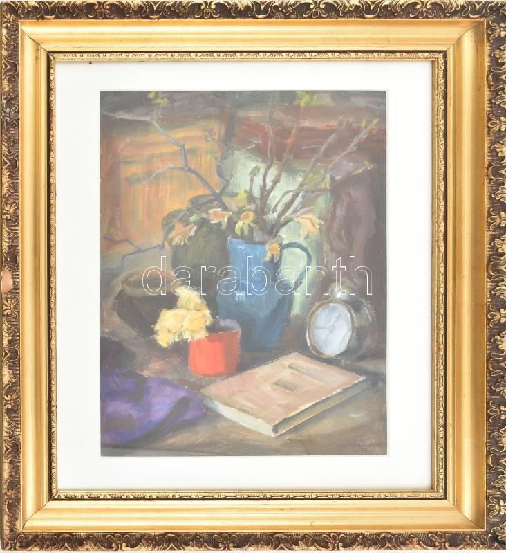 Gál Sándor (1898-1979): Csendélet. Tempera, papír, jelezve jobbra lent, 42x29 cm. Dekoratív, üvegezett fakeretben.