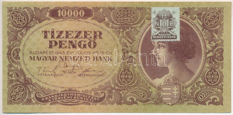 1945. 10.000P nyomdahibás 'MNB' bélyeggel T:III Adamo P23e