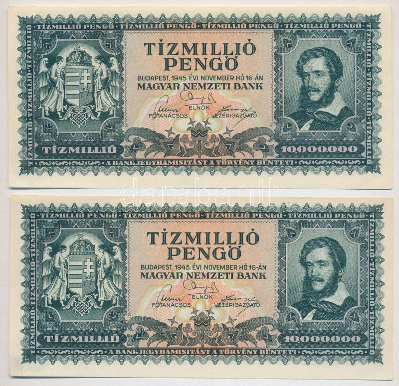 1945. 10.000.000P (2x) sorszámkövetők 'O 147 055006 - O 147 055007' T:I- Adamo P26