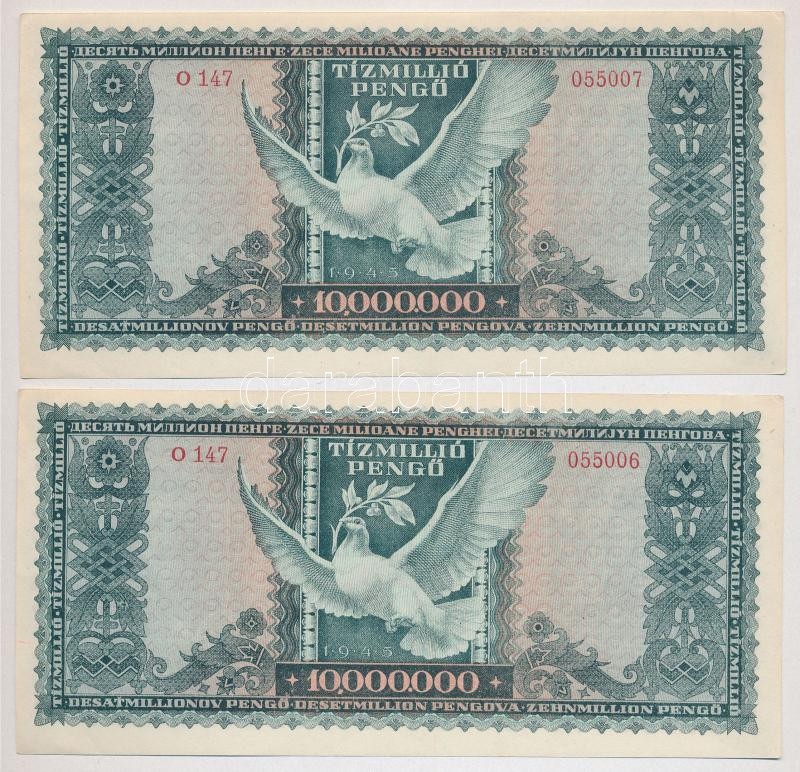 1945. 10.000.000P (2x) sorszámkövetők 'O 147 055006 - O 147 055007' T:I- Adamo P26 - Image 2