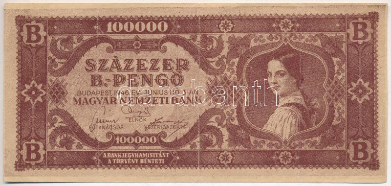 1946. 100.000BP propaganda 'bankjegy', hátoldalán 'Szavazz az MDP vezette Népfrontra!' T:III