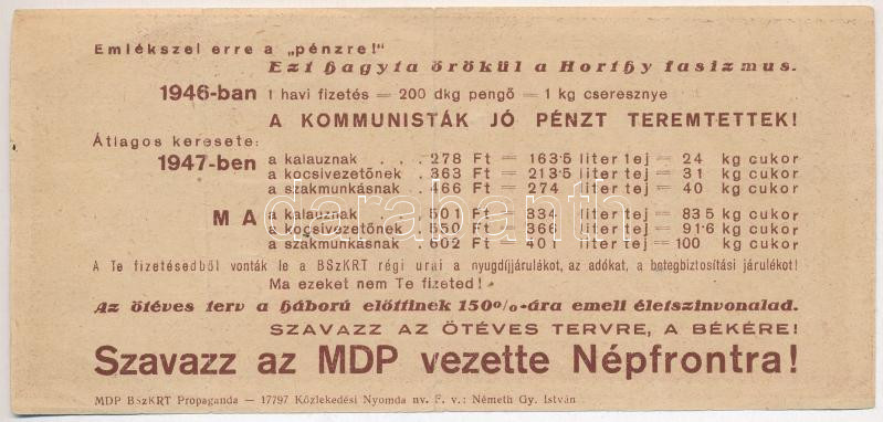 1946. 100.000BP propaganda 'bankjegy', hátoldalán 'Szavazz az MDP vezette Népfrontra!' T:III - Image 2