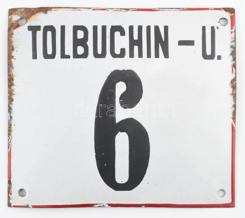 Tolbuchin-u. 6. zománcozott fém házszámtábla, zománcsérülésekkel, 15x13 cm
