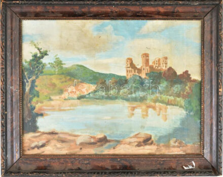 Jelzés nélkül: Diósgyőri várrom. Olaj, falemez. Dekoratív, kissé sérült fakeretben, 25×33 cm