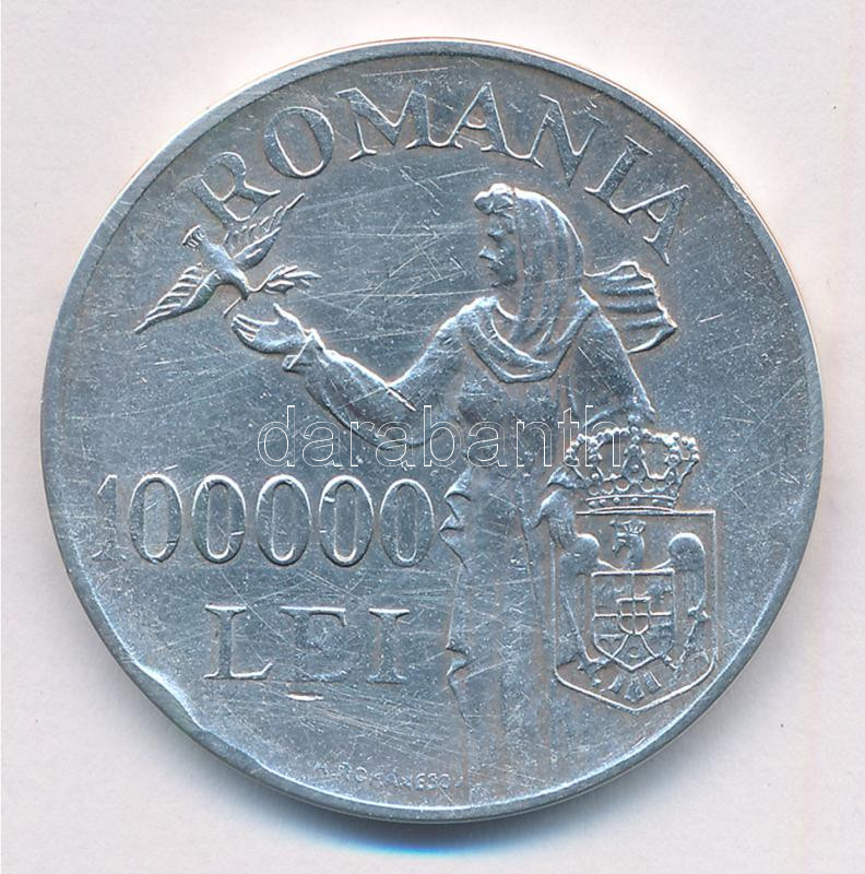 Románia 1946. 100.000L Ag 'I. Mihály' T:2- ph, karc Romania 1946. 100.000 Lei Ag 'Mihai I' C:VF edge error, scratch Krause KM#71 - Image 2