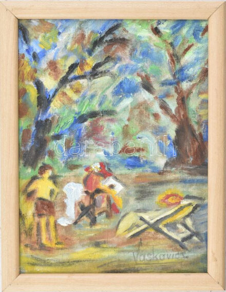 Vaskovics László (?-): Pihenő a parkban. Olaj, vászon, kartonon, fakeretben, 24×18 cm