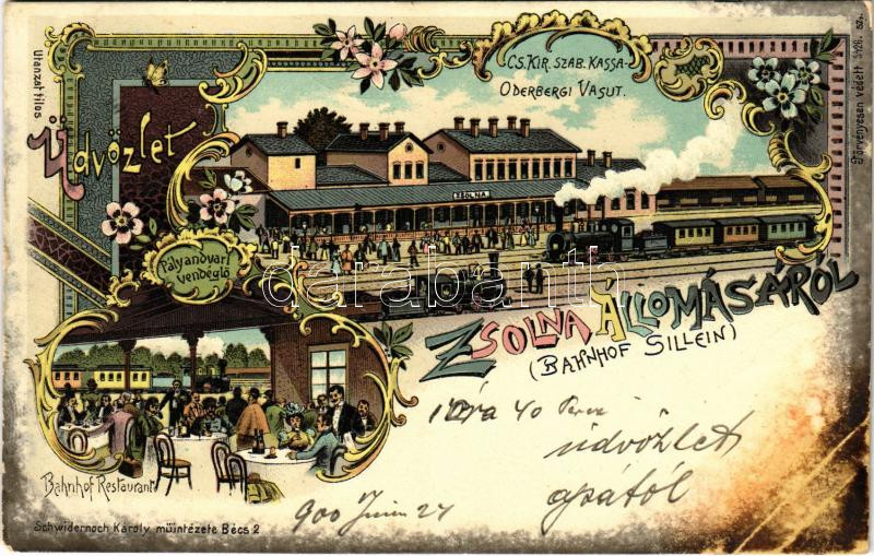 1900 Zsolna, Sillein, Zilina; Cs. kir. Szab. Kassa-Oderbergi vasút, vasútállomás gőzmozdonnyal, Pályaudvari vendéglő belső. Schwidernoch Károly műintézete / Bahnhof Sillein, Bahnhof Restaurant / Kosice-Bohumín railway station with