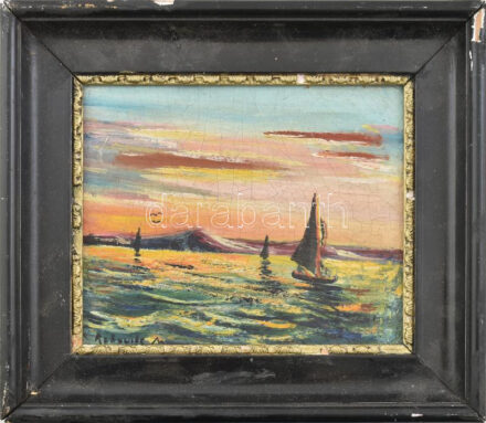 Rubovics jelzéssel: Vitorlások. Olaj, karton. Dekoratív, sérült fakeretben. 15x18 cm