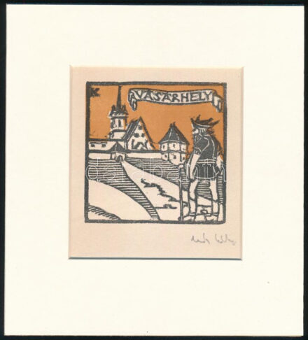 Kós Károly (1883-1977): Vásárhely. Linómetszet, papír, utólagos jelzéssel, hajtásnyommal, paszpartuban, 9x9 cm