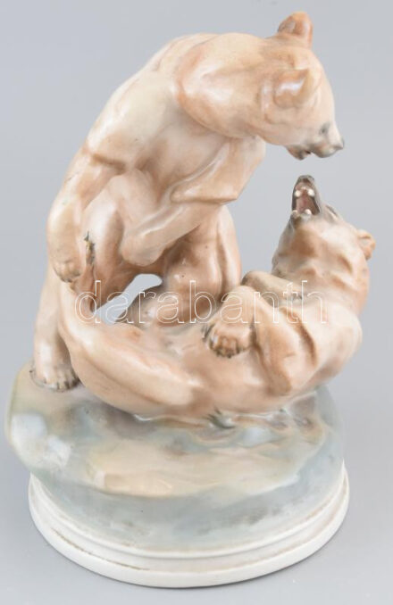 Zsolnay birkózó medvék. Kézzel festett, jelzés nélkül (Markup Béla), hibátlan, m: 30 cm