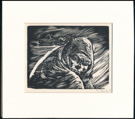 Gáborjáni Szabó Kálmán (1897-1955): Közeleg a tél, fametszet, papír, utólagos jelzéssel, paszpartuban, 11,5x15 cm