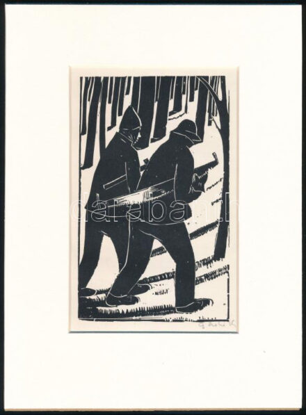 Gáborjáni Szabó Kálmán (1897-1955): Favágók, fametszet, papír, utólagos jelzéssel, paszpartuban, 15,5x9,5 cm