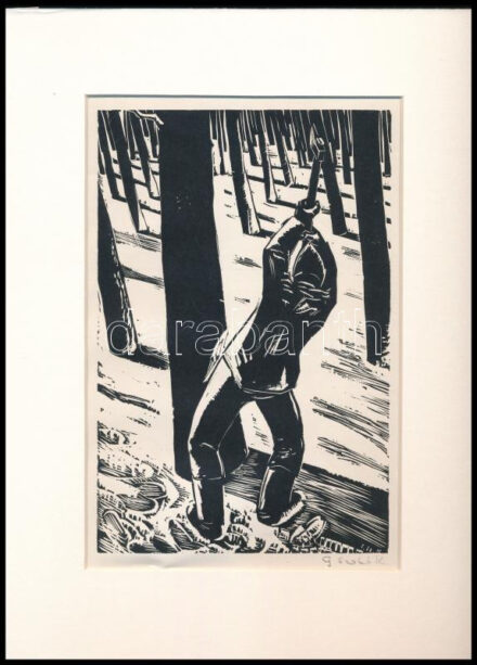 Gáborjáni Szabó Kálmán (1897-1955): Favágó, fametszet, papír, utólagos jelzéssel, paszpartuban, 20x13,5 cm