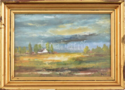 Hajós Hollanda Éva (1935-): Táj tanyával. Olaj, farost, jelzett, üvegezett fakeretben, 20x30 cm