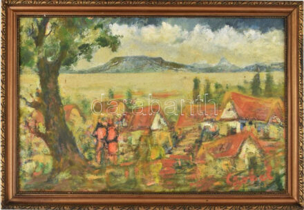 Czóbel jelzéssel: Vízparti táj. Olaj, falemez, dekoratív fakeretben, 40x60 cm