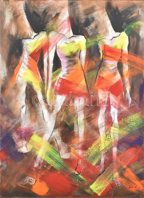 Nagy Imola (1976-): Manökenek. Akril, vászon, jelzett, hátoldalán autográf felirattal, 80x60 cm