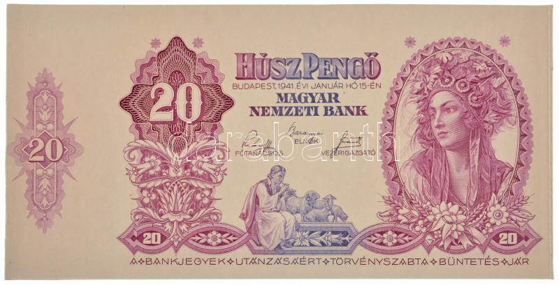 1941. 20P egyoldalas lila-kék nyomat, az 1958-as Magyar Grafika 10. éves jubileumi számából kivágva