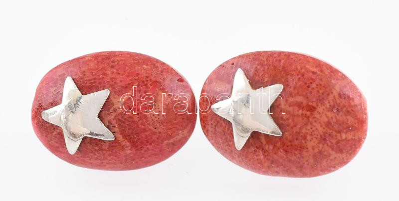 Ezüst(Ag) csillagos fülbevalópár korallal, jelzett, 2,5×1,5 cm, bruttó: 4,9 g