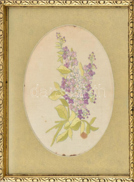 Dekoratív, üvegezett fakeret, foltos selyemképpel, belső méret: kb. 38x29 cm