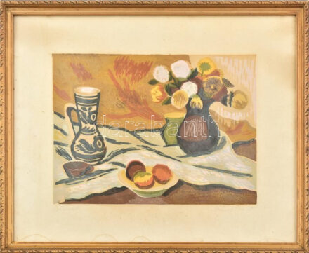Károlyi Ernő (1923-2016): Csendélet. Linómetszet, papír, jelzett. Lap széle kissé foltos. 24,5×34,5 cm. Dekoratív, üvegezett, sérült fakeretben.