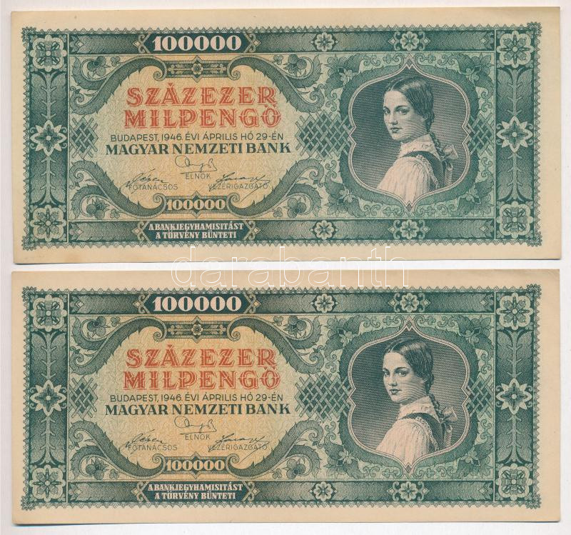 1946. 100.000MP (2x) sorszámkövetők 'B 026 045264 - B 026 045265' T:I,I- Adamo P30