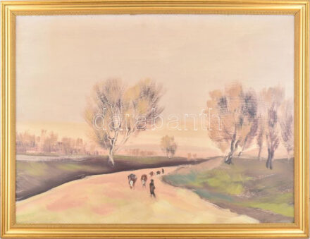 Gábri/Gábry Albert (1935-2004): Tehenek. Olaj, farost, jelezve balra lent, hátoldalán autográf felirattal és a művész bélyegzővel, dekoratív fakeretben, 60x80 cm