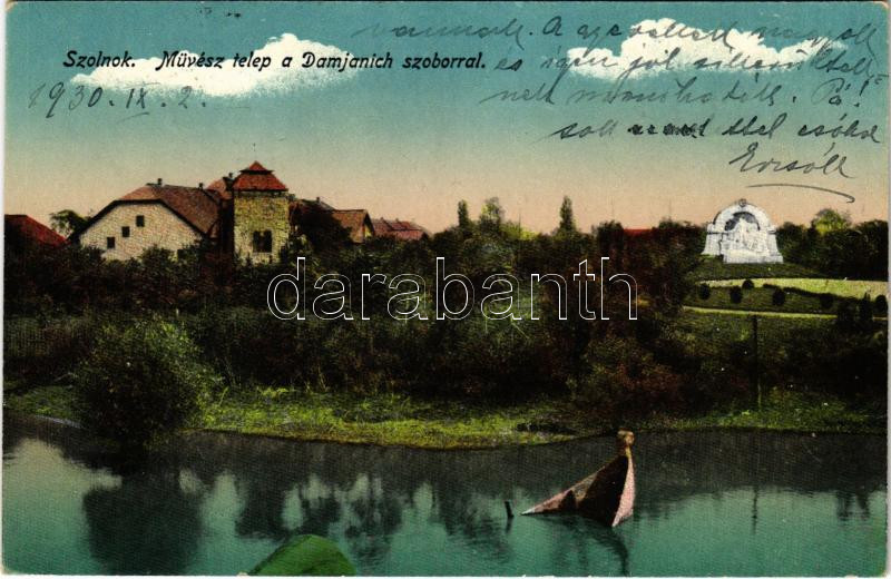 1930 Szolnok, Művésztelep a Damjanich szoborral, elsüllyedt csónak. Gettler József kiadása