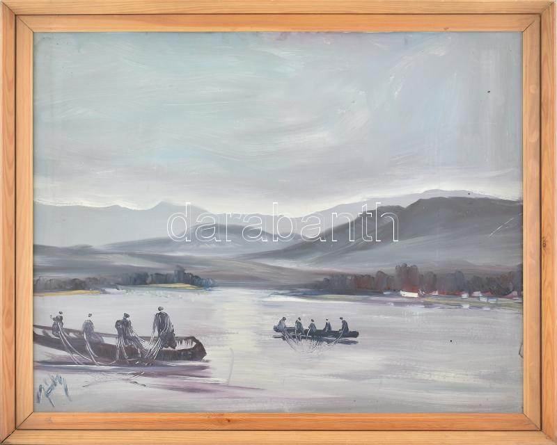 Gábri/Gábry Albert (1935-2004): Halászok. Olaj, farost, jelezve balra lent, fakeretben, 70x90 cm